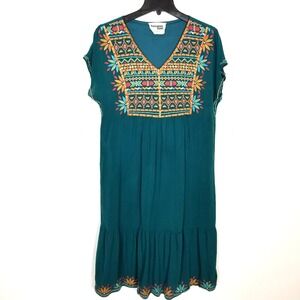 Savannah Jane Women Embroidered V Neck Dress Sz L‎ Green Midi Boho Short Sleeve